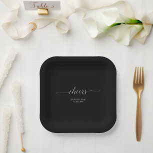 Assiettes En Carton Silver & Black Elegant Script Cheers Event Party