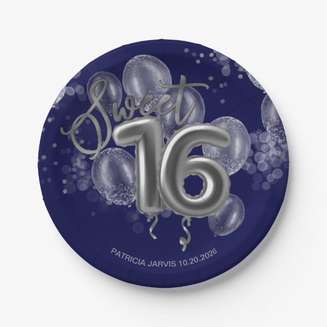Assiettes En Carton Silver Foil Sweet 16 Ballons d'anniversaire Royal  (Devant)