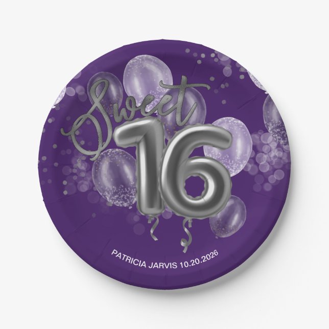 Assiettes En Carton Silver Foil Sweet 16 Ballons d'anniversaire violet (Devant)