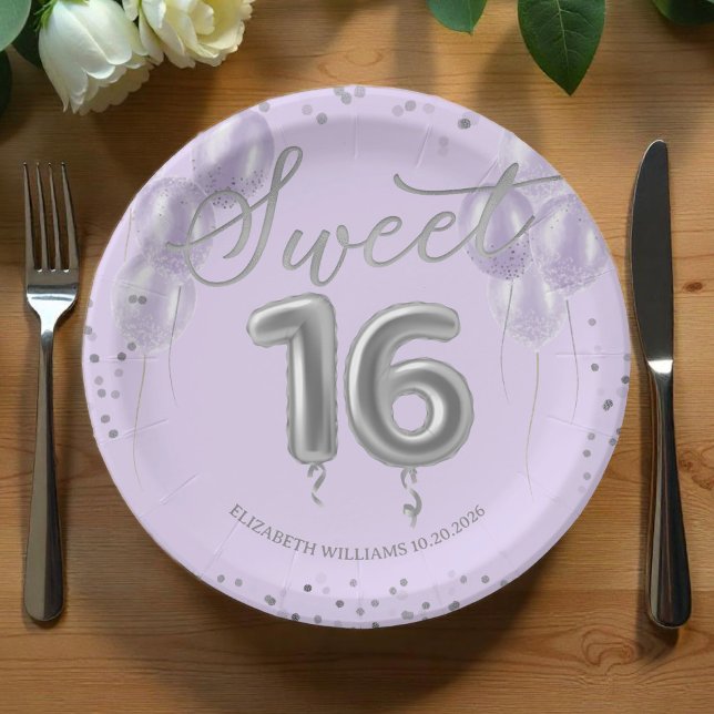 Assiettes En Carton Silver Foil Sweet 16 Balloons d'anniversaire Lavan (Créateur téléchargé)