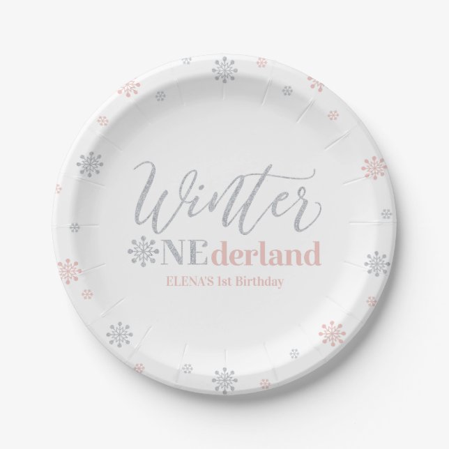 Assiettes En Carton Silver & Rose Winter Onederland 1er anniversaire f (Devant)