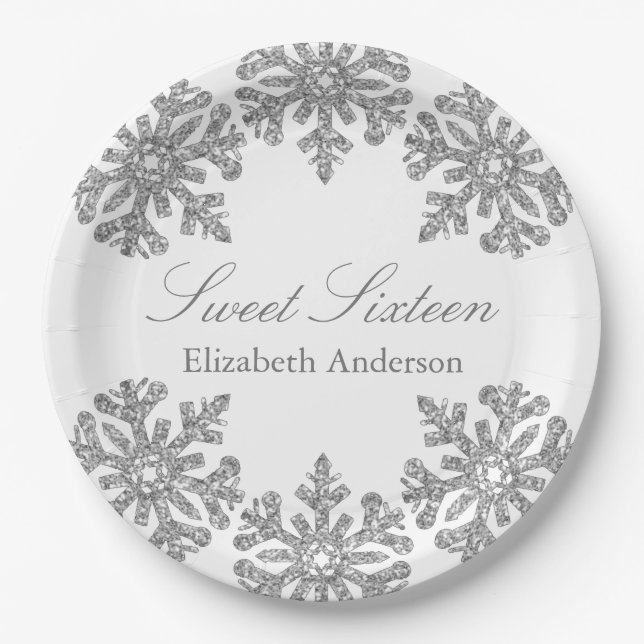Assiettes En Carton Silver Snowflake Winter Sweet 16 (Devant)