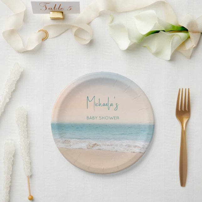 Assiettes En Carton Simple Beach Photo Baby shower personnalisé (Mariage)