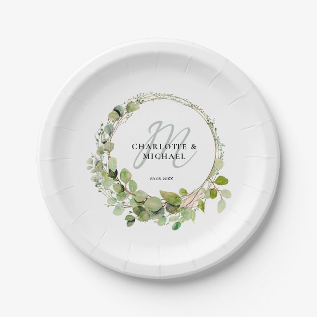Assiettes En Carton Simple, élégant, monogramme mariage eucalyptus (Devant)