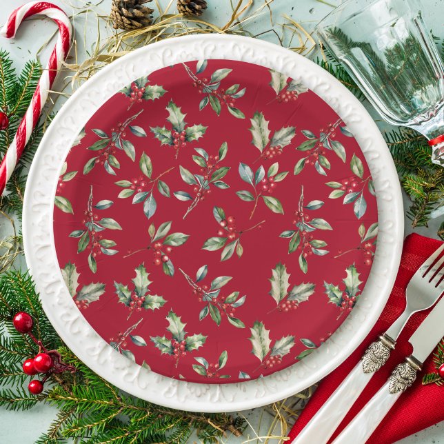 Assiettes En Carton Simple élégante aquarelle de Noël Botanique (Créateur téléchargé)