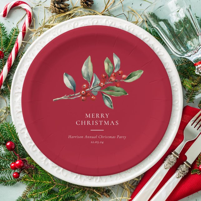 Assiettes En Carton Simple élégante aquarelle de Noël Botanique (Créateur téléchargé)