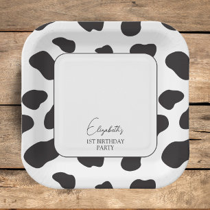 Assiettes En Carton Simple élégante fête d'anniversaire de vache noire