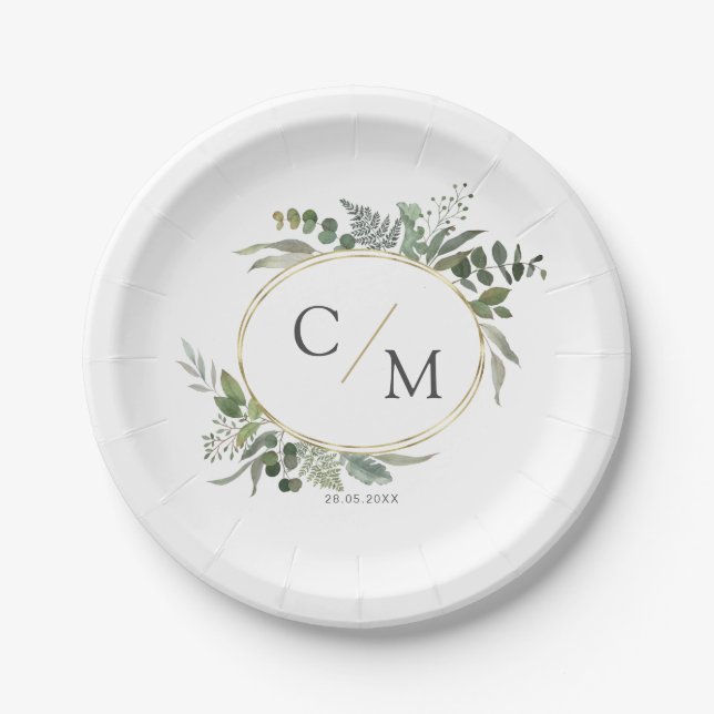 Assiettes En Carton Simple et élégant monogramme eucalyptus (Devant)