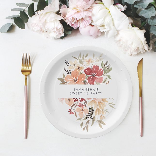 Assiettes En Carton Simple Floral Sweet 16 Anniversaire (Créateur téléchargé)