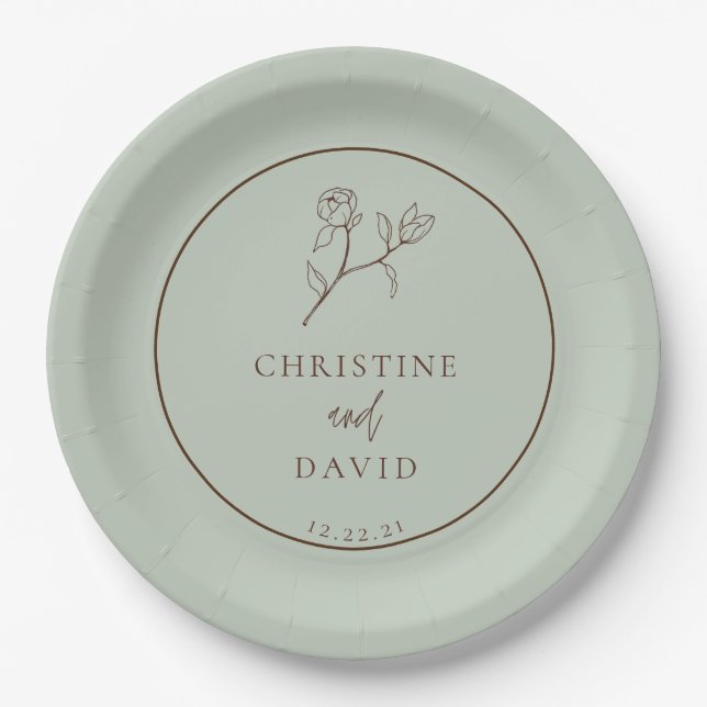 Assiettes En Carton Simple mariage bohème floral vert sauge (Devant)