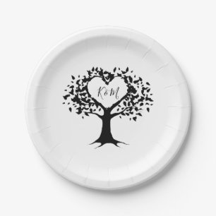 Assiettes En Carton Simple Mariage de l'arbre cardiaque du Monogramme 