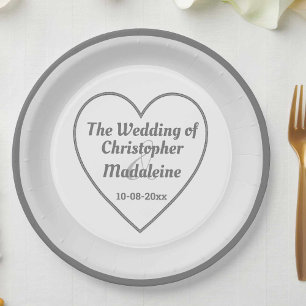 Assiettes En Carton Simple Mariage Gris Argenté et Blanc