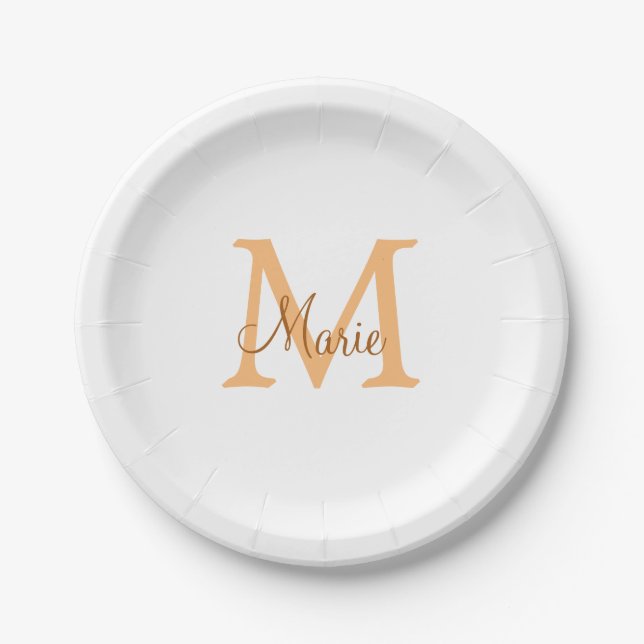 Assiettes En Carton simple minimal ajouter nom monogramme orange marro (Devant)