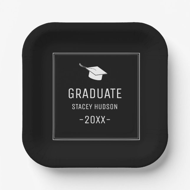 Assiettes En Carton Simple moderne Black & White Graduation Party (Recto)