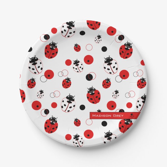 Assiettes En Carton Simple Motif Ladybug rouge, noir et blanc (Devant)