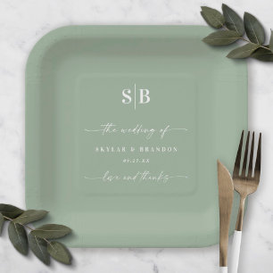 Assiettes En Carton Simple Solid Color Leaf Green Wedding Monogram