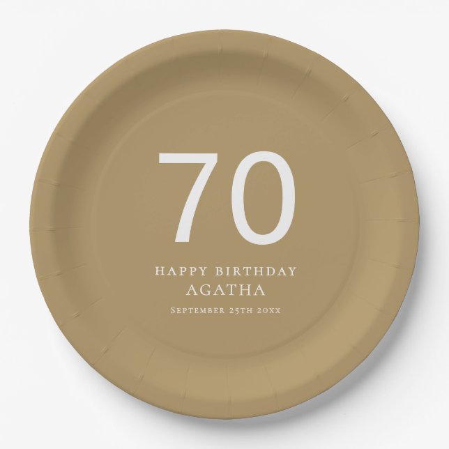 Assiettes En Carton Simple Texte Blanc 70ème Nom Gold Anniversaire (Devant)