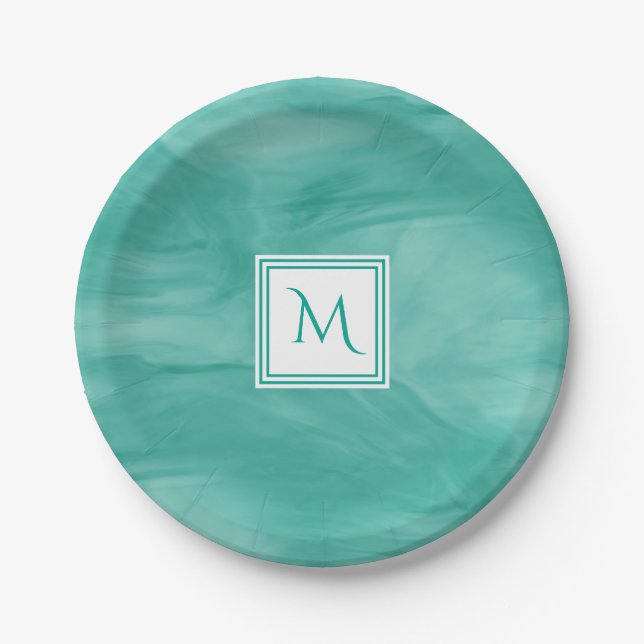 Assiettes En Carton Simple Turquoise Vert subtil marbre Moderne Monogr (Devant)