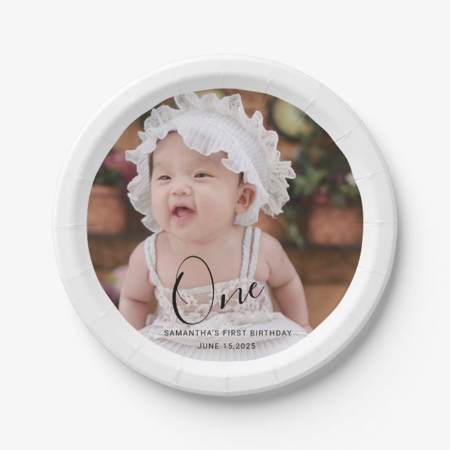 Assiettes En Carton Simple Typography Photo First Birthday (Devant)