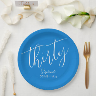Assiettes En Carton Simply Modern Script Blue 30th Birthday Party