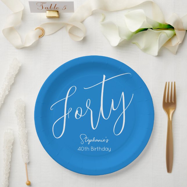 Assiettes En Carton Simply Modern Script Blue 40th Birthday Party (Mariage)