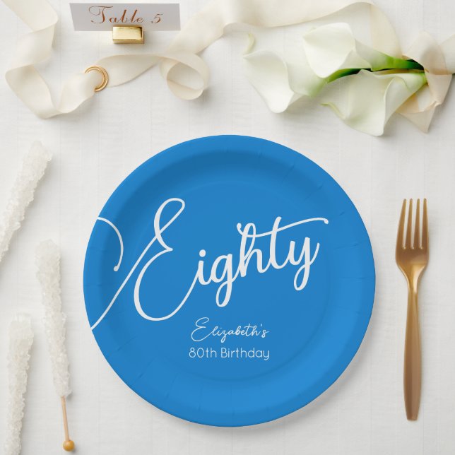 Assiettes En Carton Simply Modern Script Blue 80th Birthday Party (Mariage)