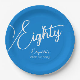 Assiettes En Carton Simply Modern Script Blue 80th Birthday Party