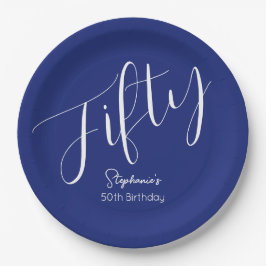 Assiettes En Carton Simply Modern Script Marine Blue 50th Birthday