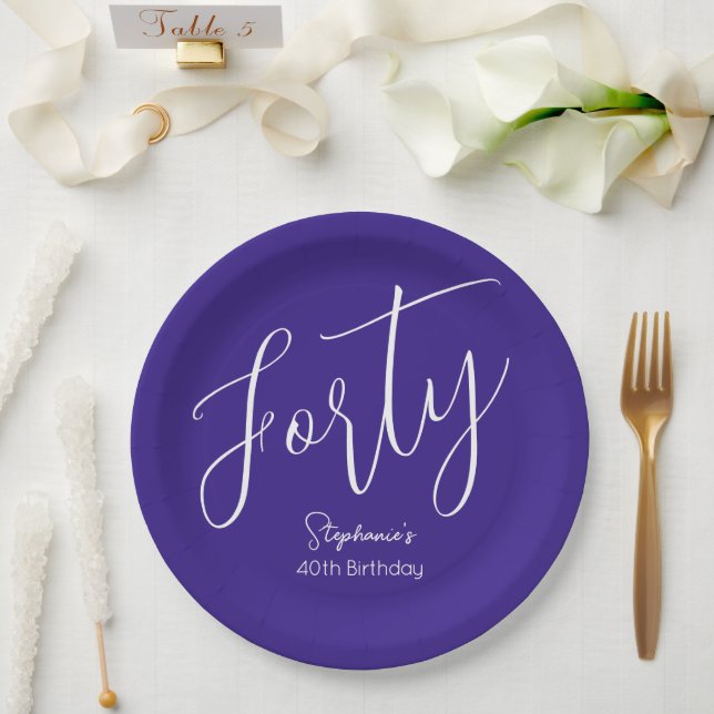 Assiettes En Carton Simply Modern Script Purple 40th Birthday Party (Mariage)