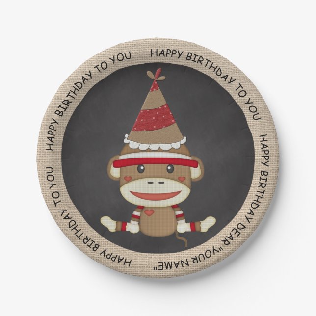Assiettes En Carton Singe rustique de chaussette d'anniversaire de (Devant)