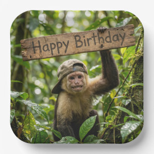 Assiettes En Carton Singe tenant un panneau Joyeux Anniversaire