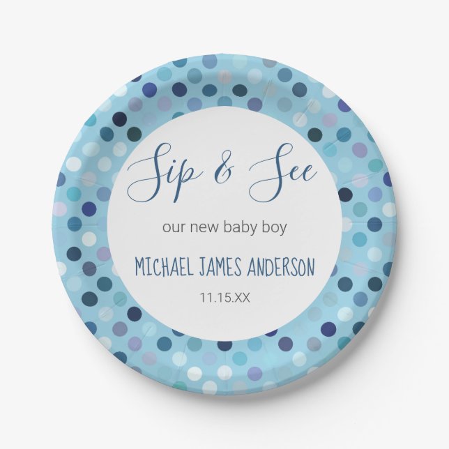 Assiettes En Carton Sip & Voir Baby Boy Douche Pois Bleus (Devant)