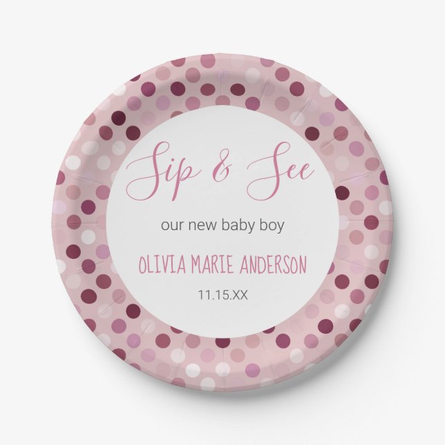 Assiettes En Carton Sip & Voir bébé fille douche Pois roses (Devant)