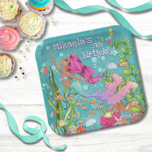 Assiettes En Carton Sirène à cheveux rose nager sous la mer Anniversai