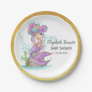 Assiettes En Carton Sirène Blonde Sous Le Baby shower De Mer
