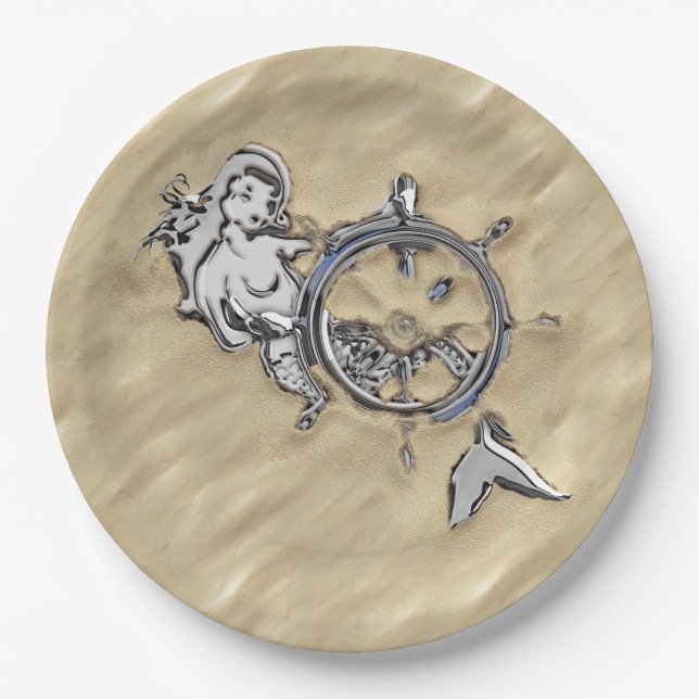 Assiettes En Carton Sirène d'argent dans le sable (Devant)