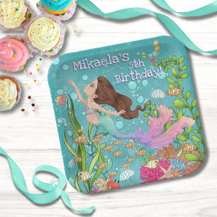 Assiettes En Carton Sirène rose cheveux Brown sous la mer Anniversaire
