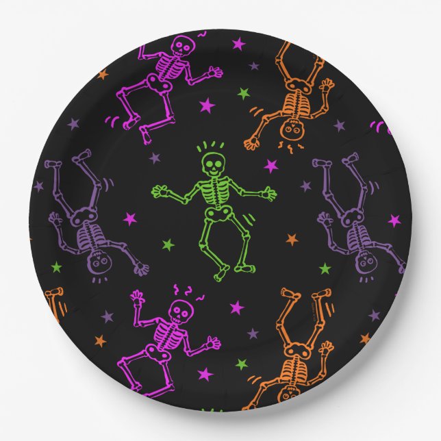 Assiettes En Carton Skeletons de danse d'Halloween (Devant)