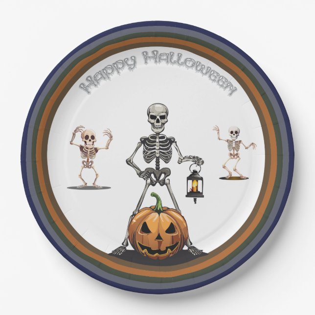 Assiettes En Carton Skeletons Du Groupe D'Halloween (Devant)