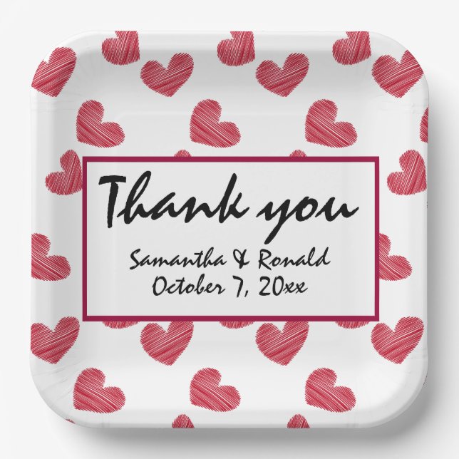 Assiettes En Carton Sketchy Red Heart Mariage (Recto)