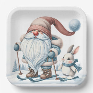 Assiettes En Carton Ski Gnome avec un lapin dans les flocons de neige