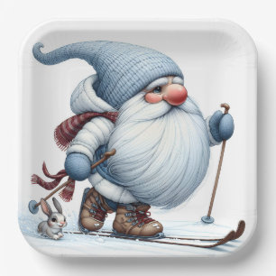 Assiettes En Carton Ski Gnome d'hiver avec un lapin