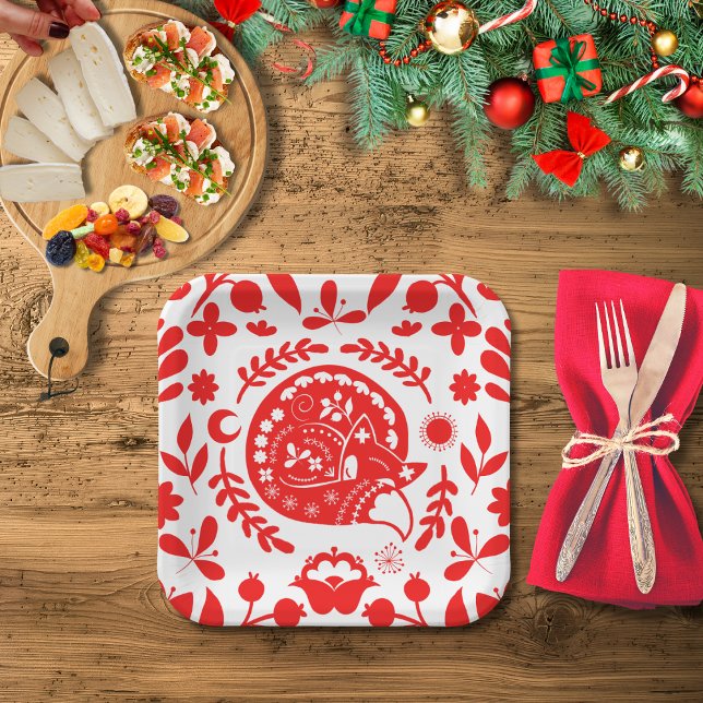 Assiettes En Carton Sleeping Fox Folk Art (Créateur téléchargé)