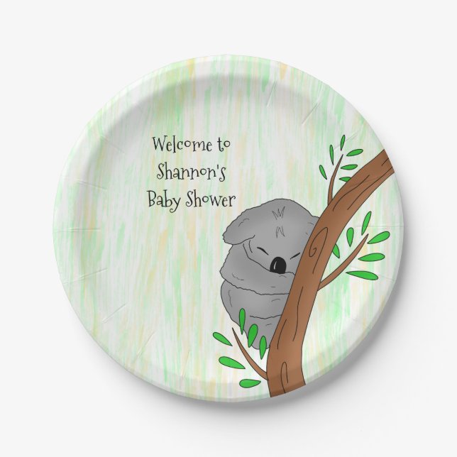 Assiettes En Carton Sleepy Koala Ours personnalisé Baby shower à thème (Devant)