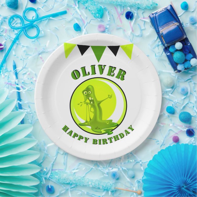 Assiettes En Carton Slime Monster Funny Nom de l`enfant Joyeux anniver (Fête)