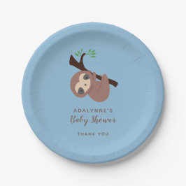 Assiettes En Carton Sloth Baby shower Boy Blue Script Brown