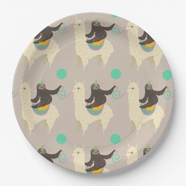 Assiettes En Carton Sloth Riding Llama Grey Plaques de papier d'annive (Devant)