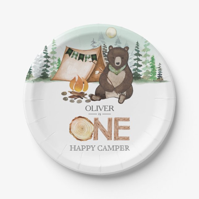 Assiettes En Carton S'more Camping Bear ONE Happy Camper 1er anniversa (Devant)