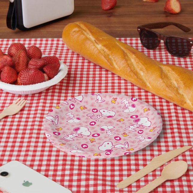 Assiettes En Carton Snoopy & Woodstock Motif Coeurs roses (Pique-nique)