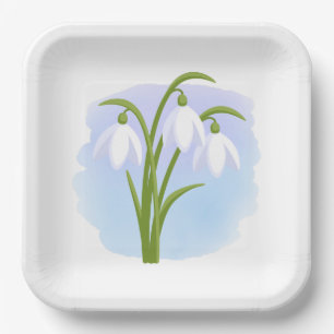 Assiettes En Carton Snowdrops - Fleurs de printemps sur aquarelle bleu